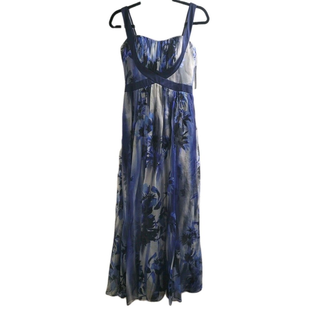 Badgley Mischka Runway Gown EG1256 Blue Watercolor Floral Chiffon Dress Sz 2